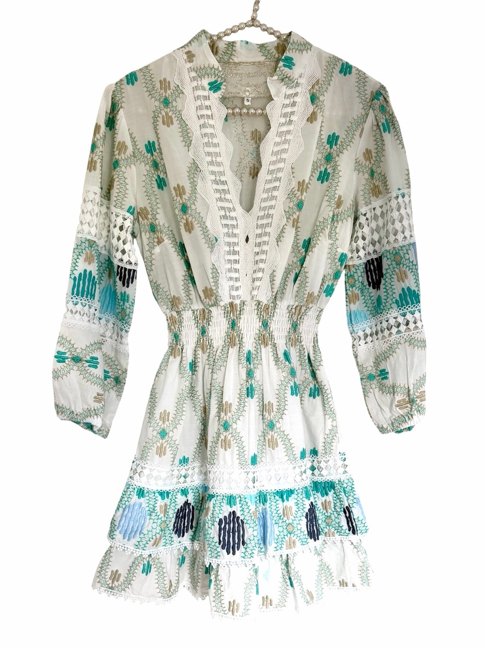 Temptations Positano White Embroidered Dress with Teal and Gold Accents